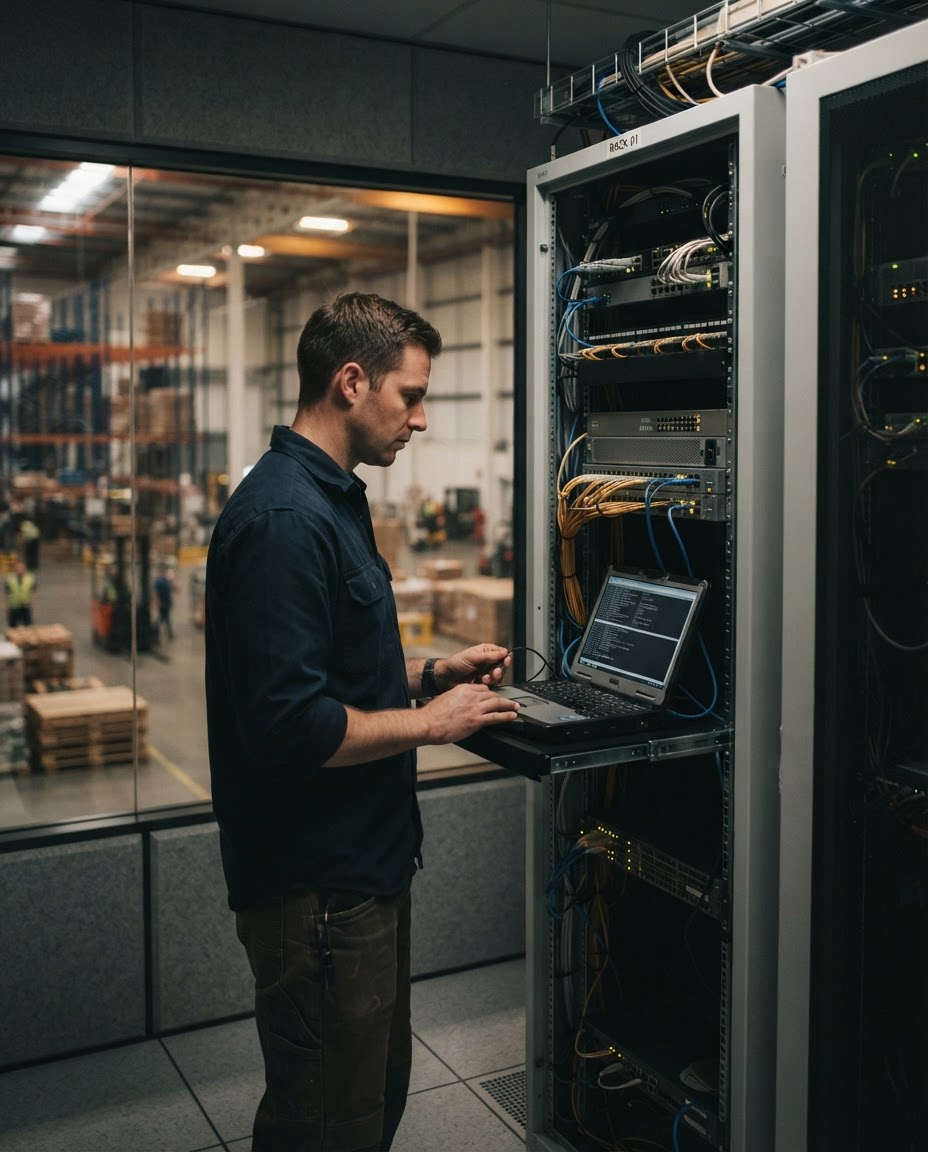 AnchorNet engineer validating a replacement core switch beside the warehouse floor