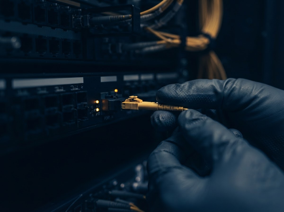 Gloved hands seating a fiber connector into a patch panel