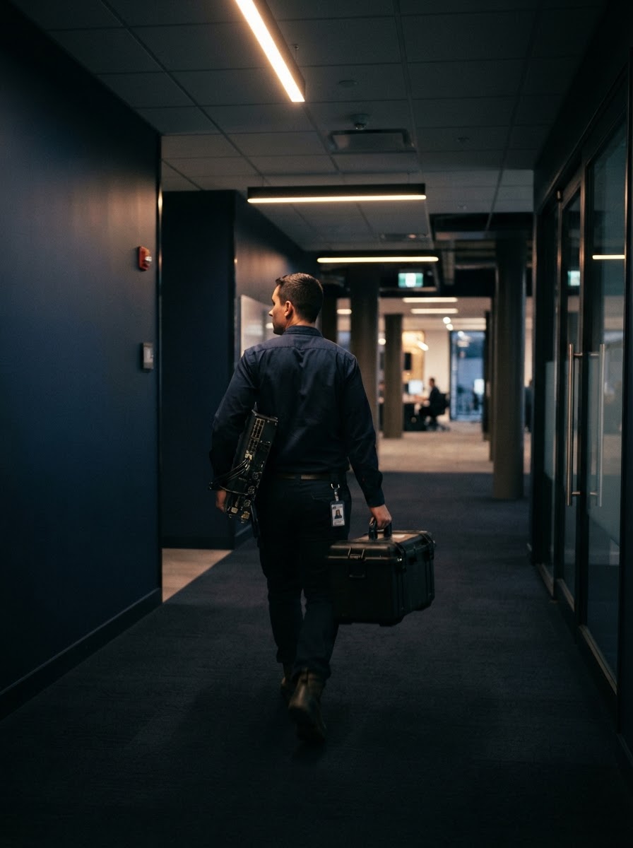 Engineer carrying a pre-configured switch through a corporate corridor