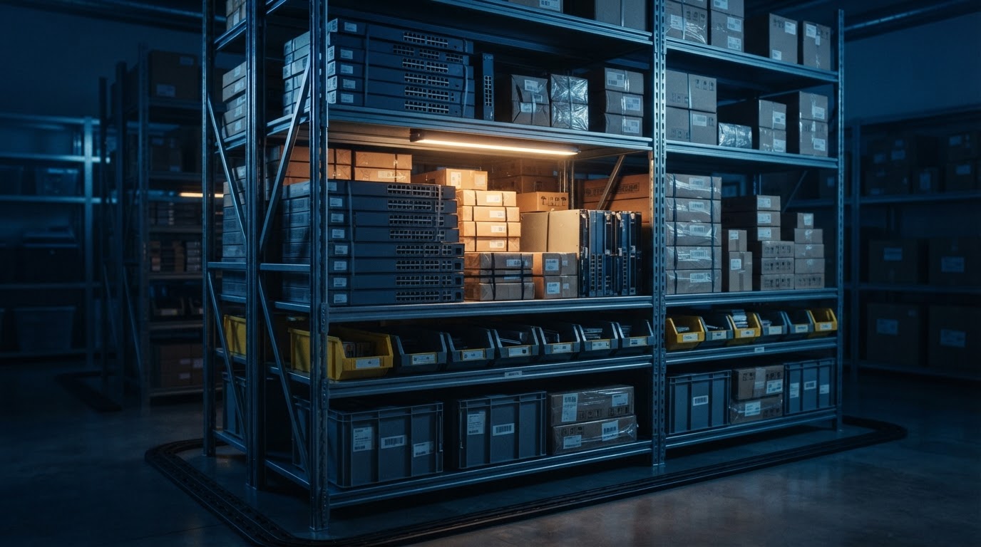 Forward depot shelves stocked with labeled, pre-configured network switches