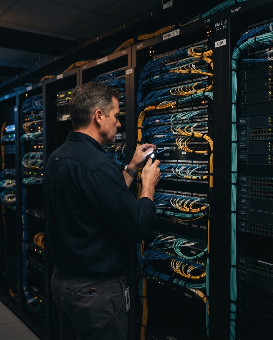 Senior engineer inspecting fiber patch panels in an enterprise network room
